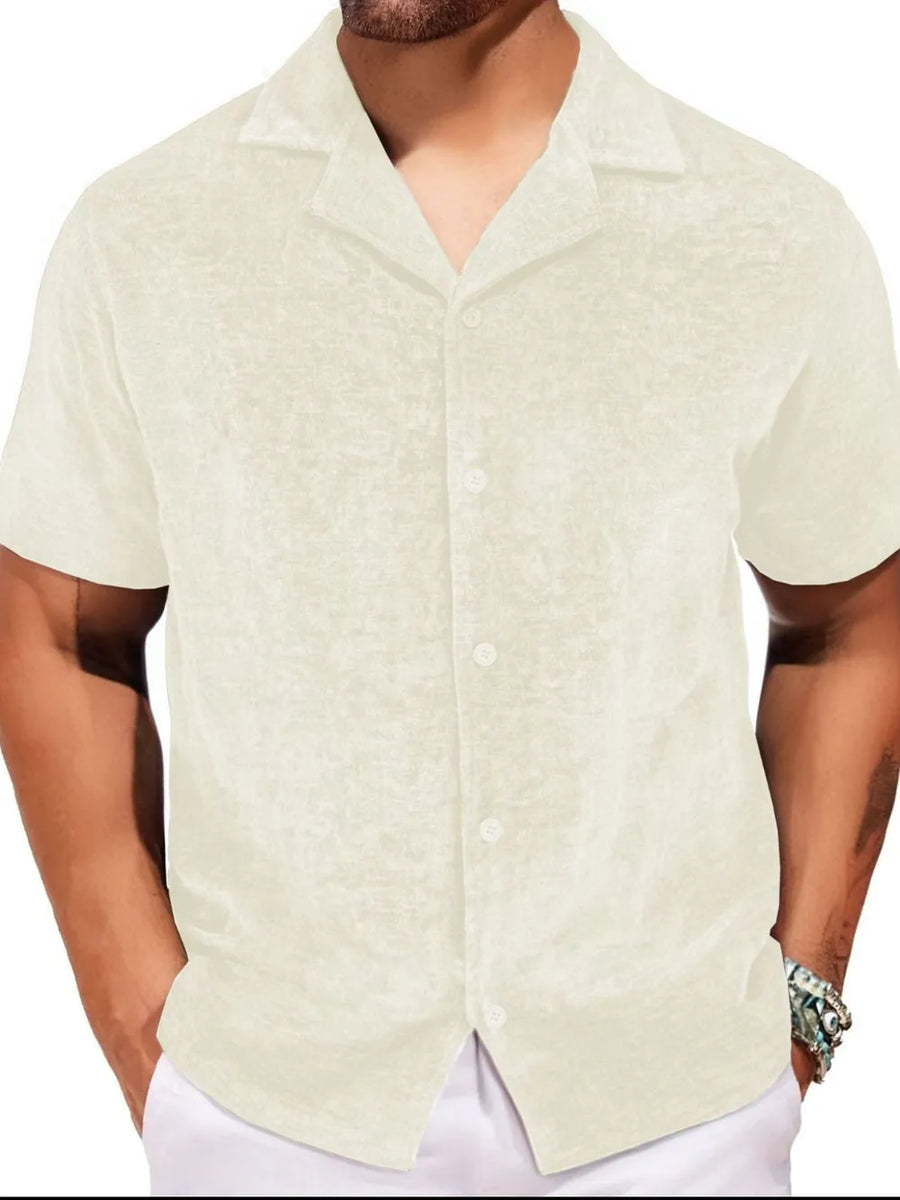 Textured velour camp collar shirt in ivory with short sleeves and button front.