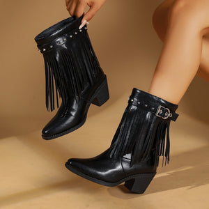 Western Style Fringe Studded Mid-Calf Boots in Black with fringe