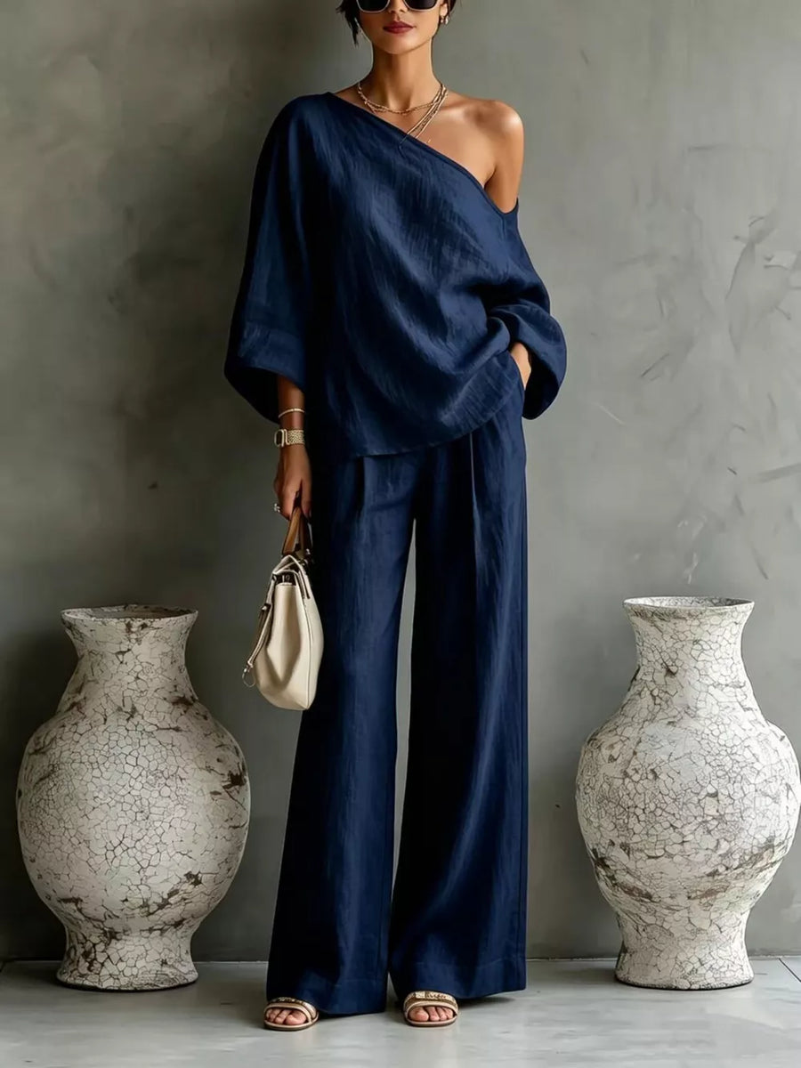 resort two-piece set in Peacock Blue with one-shoulder