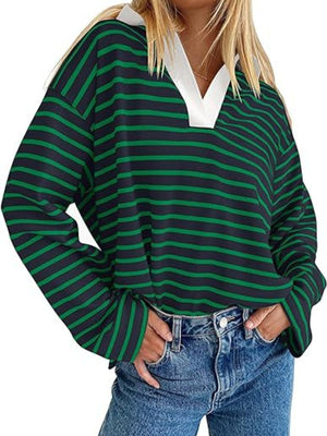 Oversized green and dark blue striped long-sleeve sweatshirt with white collar
