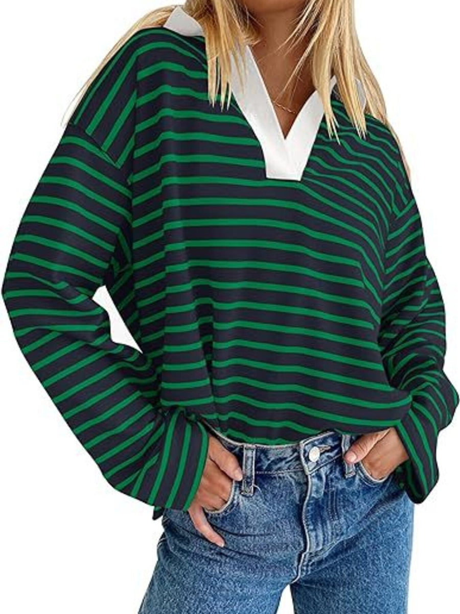Oversized green and dark blue striped long-sleeve sweatshirt with white collar