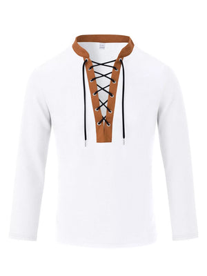 Grey with Men's Vintage Lace-up Long Sleeve Henley Plus Size in Grey