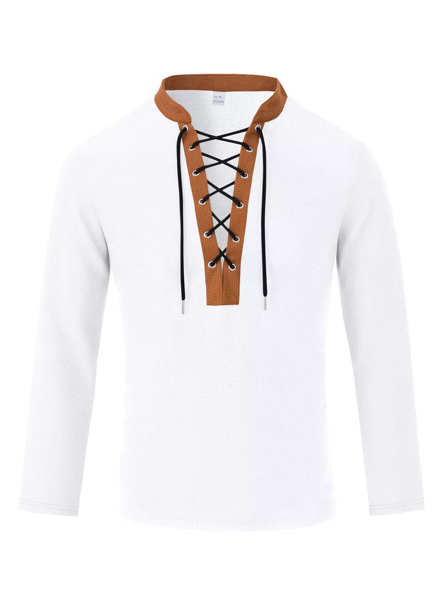 Grey with Men's Vintage Lace-up Long Sleeve Henley Plus Size in Grey
