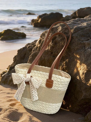 Cream White with Lace Trimmed Straw Shoulder Bag