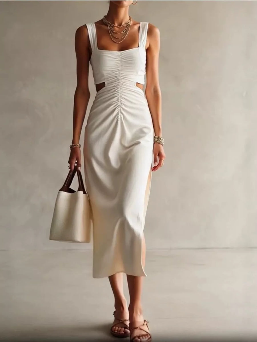 Khaki Ruched Cut-out Midi Dress