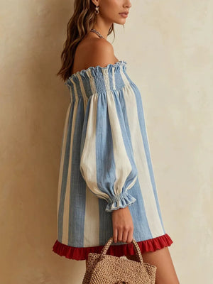 cream mini dress featuring ruffled and striped