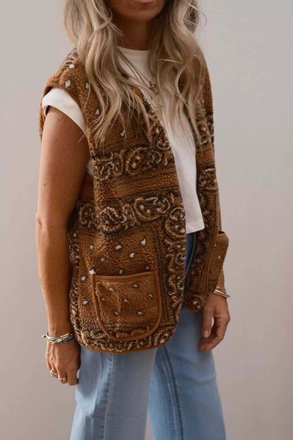 Cozy caramel sherpa vest coat with bandana print and pockets