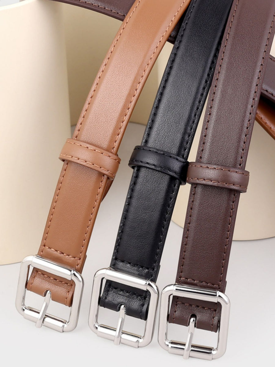 Premium cowhide leather belts in brown, caramel, and black with square buckles.