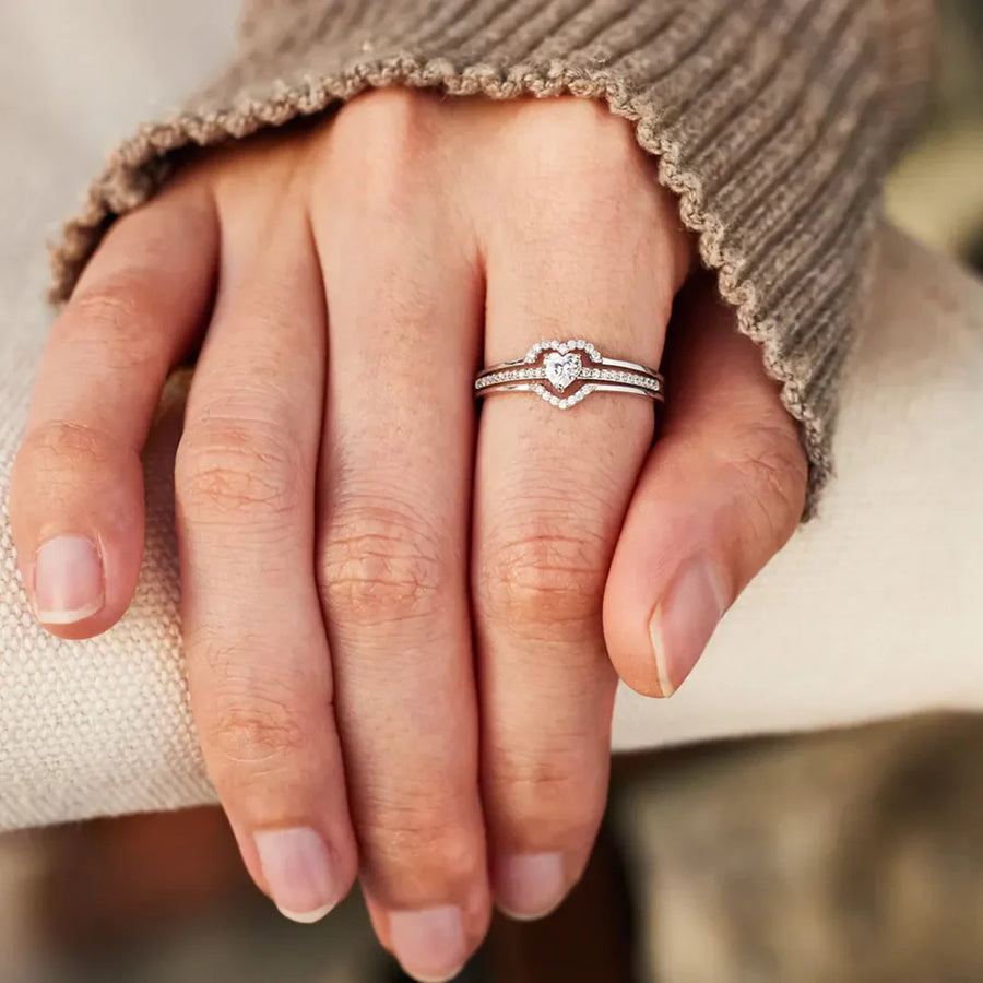 Silver double heart halo ring set with pave stones
