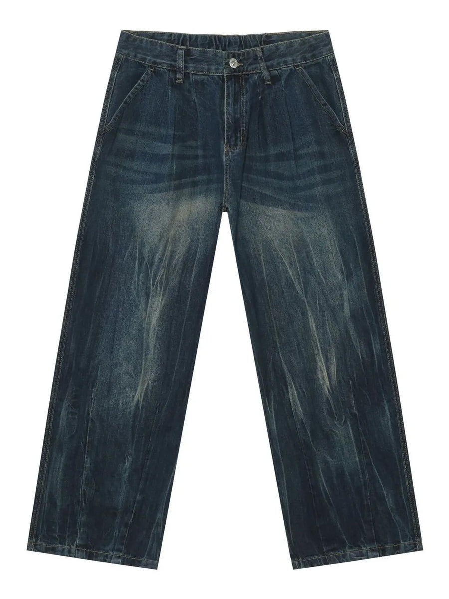 Dark wash denim pleated wide-leg trousers with distressed detailing and a casual fit.