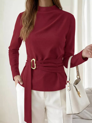 beige blouse with ruched and long sleeve