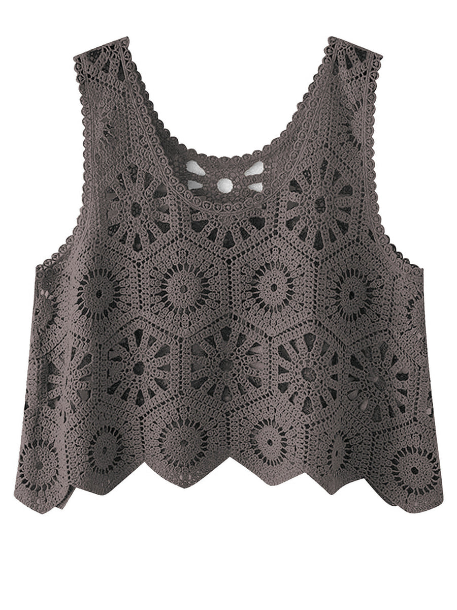 Crochet medallion tank top in dark gray acrylic with scalloped hem and neckline
