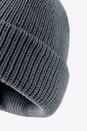 Gray ribbed knit beanie with folded edge detail