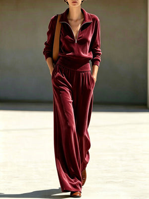 Full Size Quarter-Zip Top And Wide-Leg Pants Set in Burgundy with pocketed