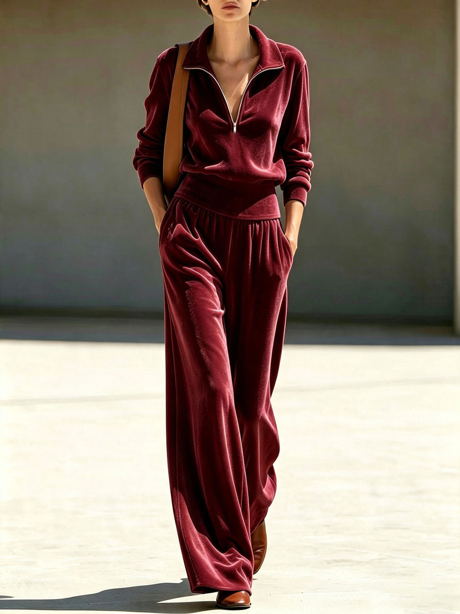 Full Size Quarter-Zip Top And Wide-Leg Pants Set in Burgundy with pocketed