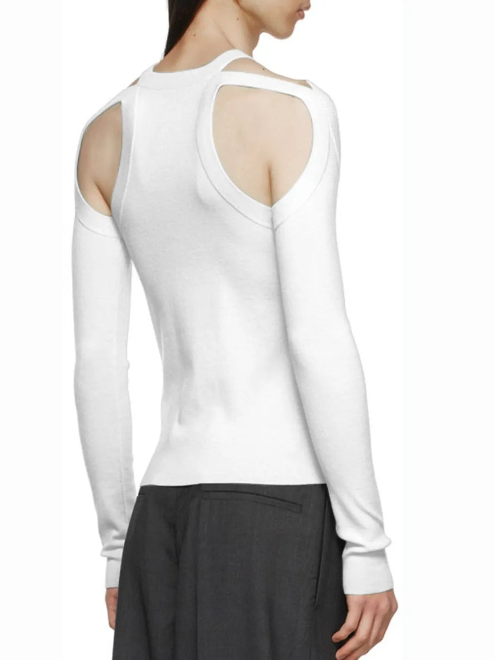 White ribbed knit sweater with shoulder cutouts and long sleeves