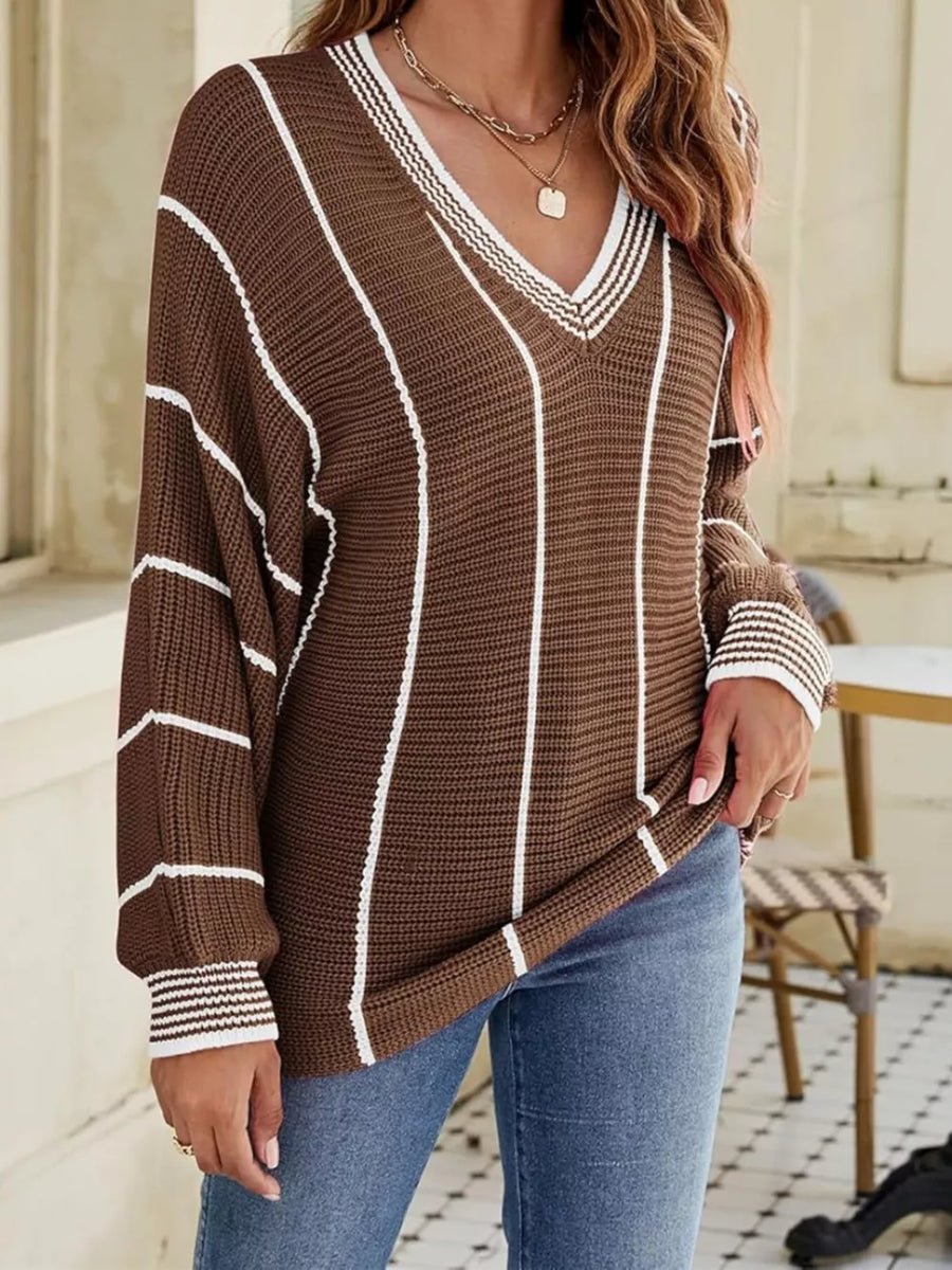 V-neck Striped Contrast Sweater in Wine Red