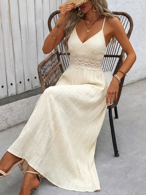 Lace trim V-neck maxi dress in apricot with crinkled texture and a breezy silhouette.