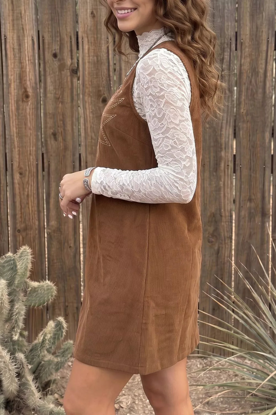 Brown with Geometric Embroidery Sleeveless Corduroy Shift Dress in Brown