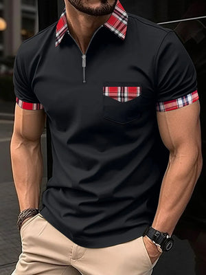 Black zip polo shirt with plaid collar, pocket and sleeve trim.