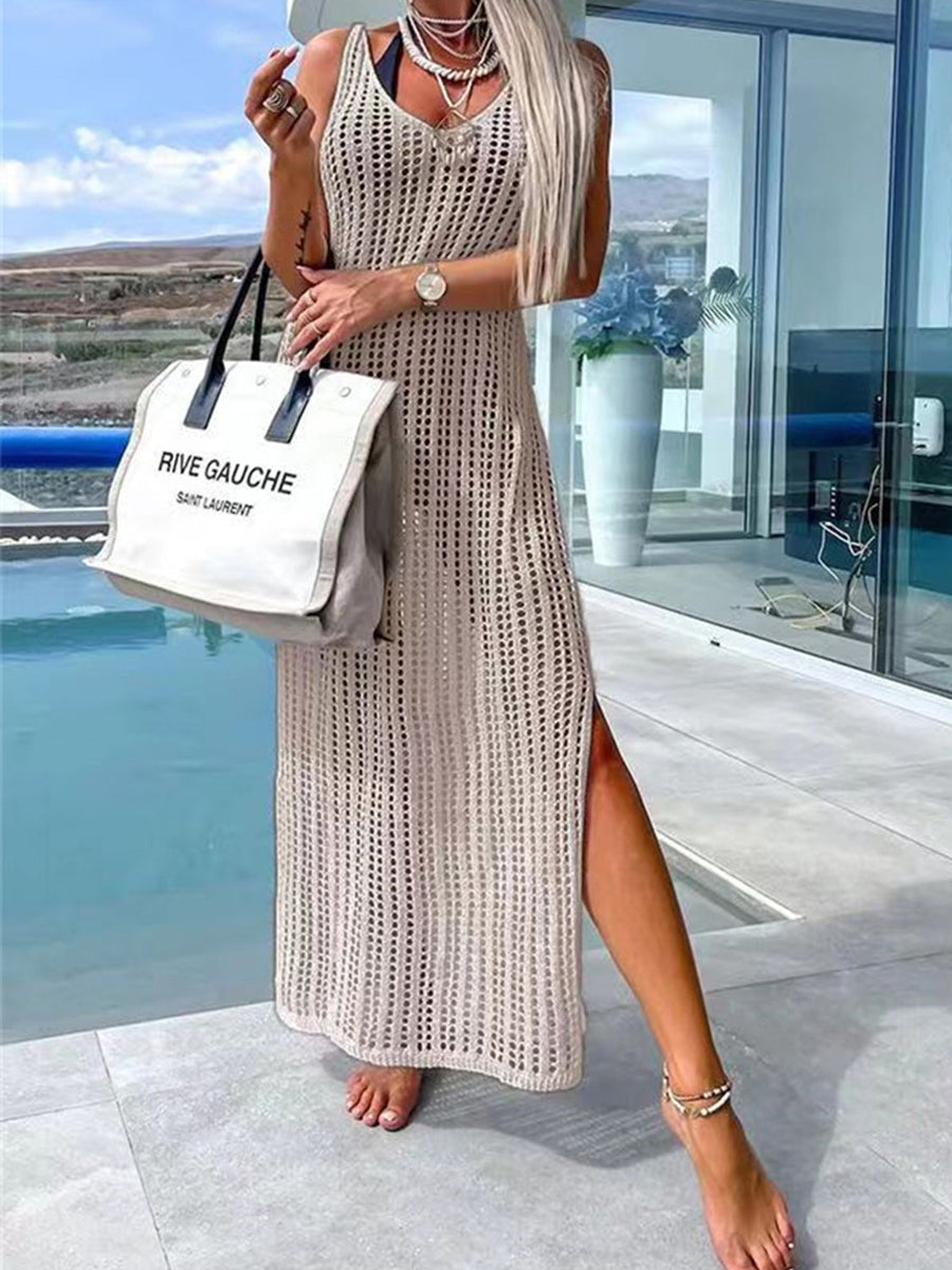 Beige open-knit maxi cover-up with V-neck and high slit, perfect for beach or casual wear.