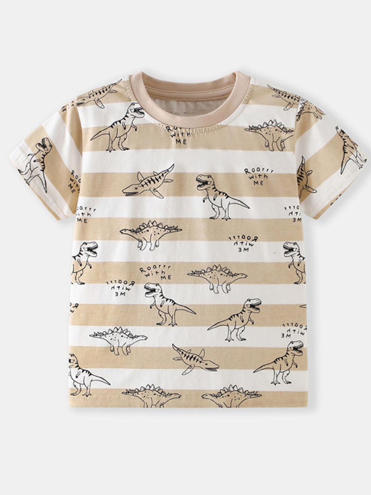 Toddler striped t-shirt with dinosaur print and beige neckline