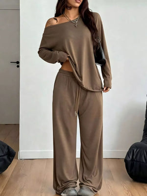One-shoulder Top And Drawstring Pants Set Plus Size in Apricot, view 21
