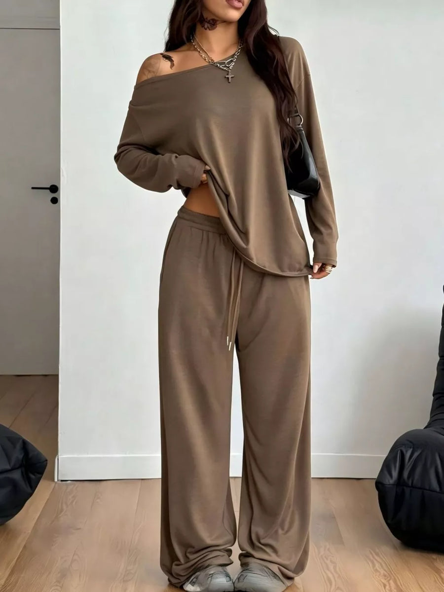 One-shoulder Top And Drawstring Pants Set Plus Size in Apricot, view 21