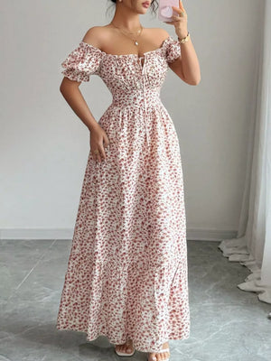 Floral Print Puff Sleeve Maxi Dress in Red