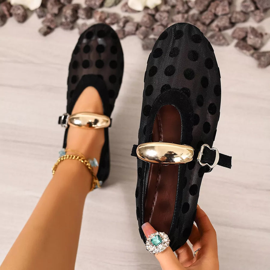 Cream White slip-on flats featuring mesh upper and polka dot