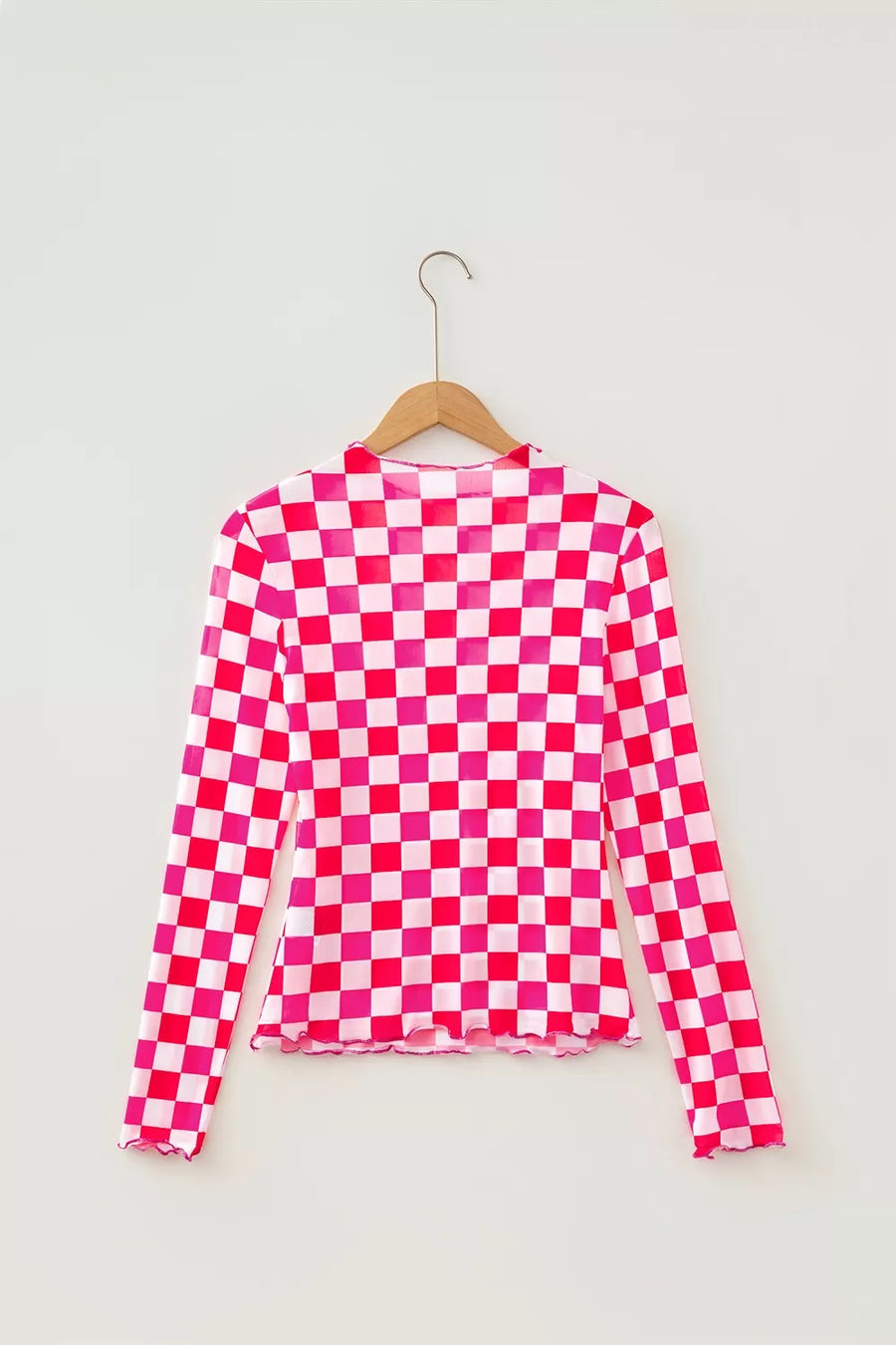 Hot Pink with Plaid Heart Mesh Sheer Long Sleeve Top