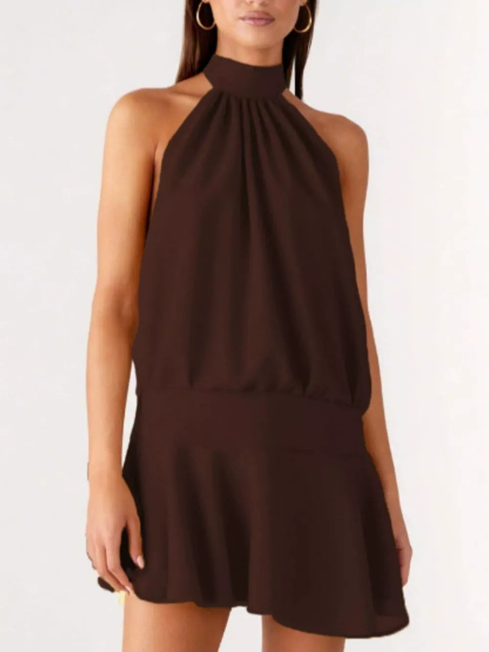 Brown halter neck dress with gathered bodice and flared skirt