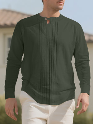 White Men's Casual Pleated Long Sleeve Shirt Plus Size