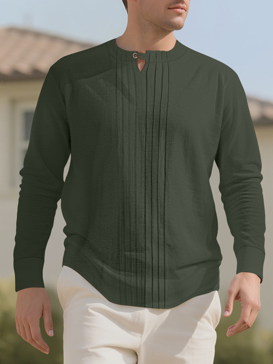 White Men's Casual Pleated Long Sleeve Shirt Plus Size