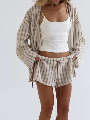 Black lounge set with tie, drawstring, elastic and striped