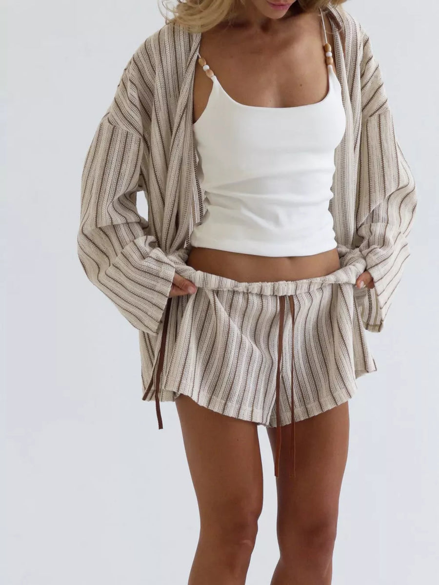 Black lounge set with tie, drawstring, elastic and striped