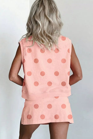 Polka dot two-piece set in watermelon pink, sleeveless crew neck top and skort.