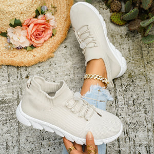 Mesh Round Toe Lace Up Sneakers in light beige with round toe