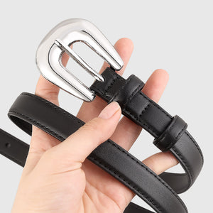 Black leather belt with a polished silver buckle and stitched detail