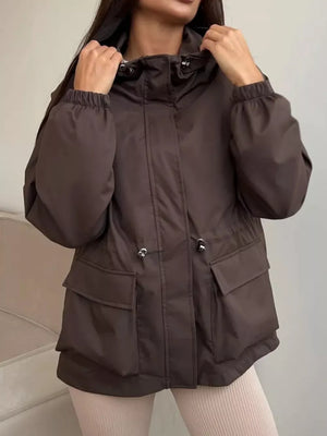 Gray windbreaker with hip-length and zip-front