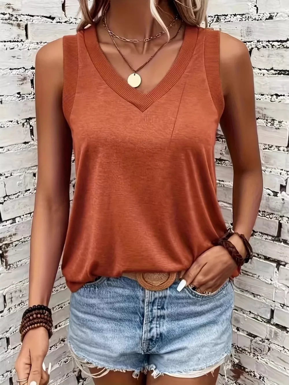 Orange V-neck Ribbed Trim Tank