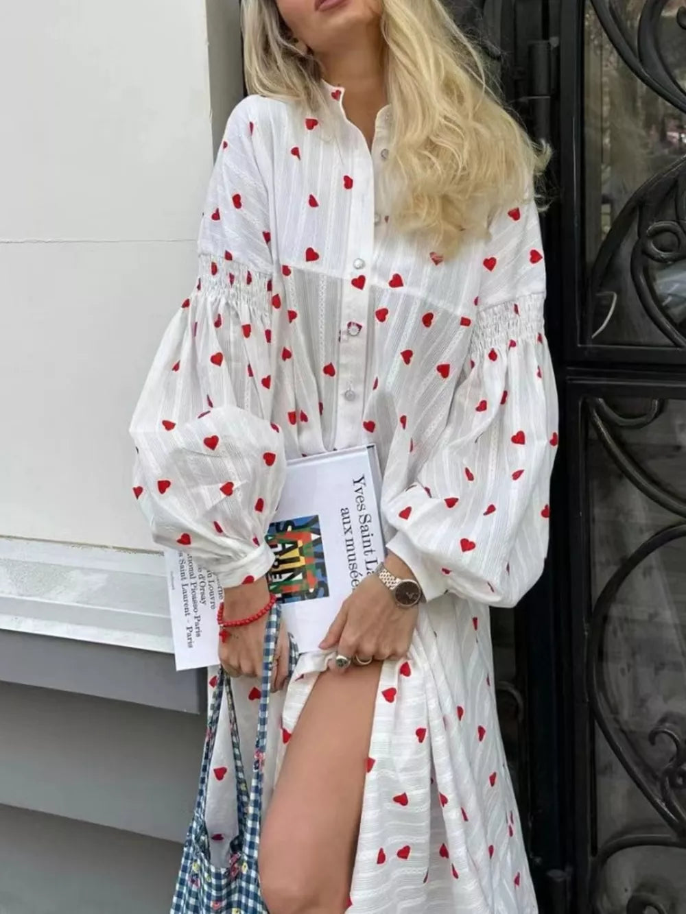 White Heart Print Maxi Dress With Puff Sleeves
