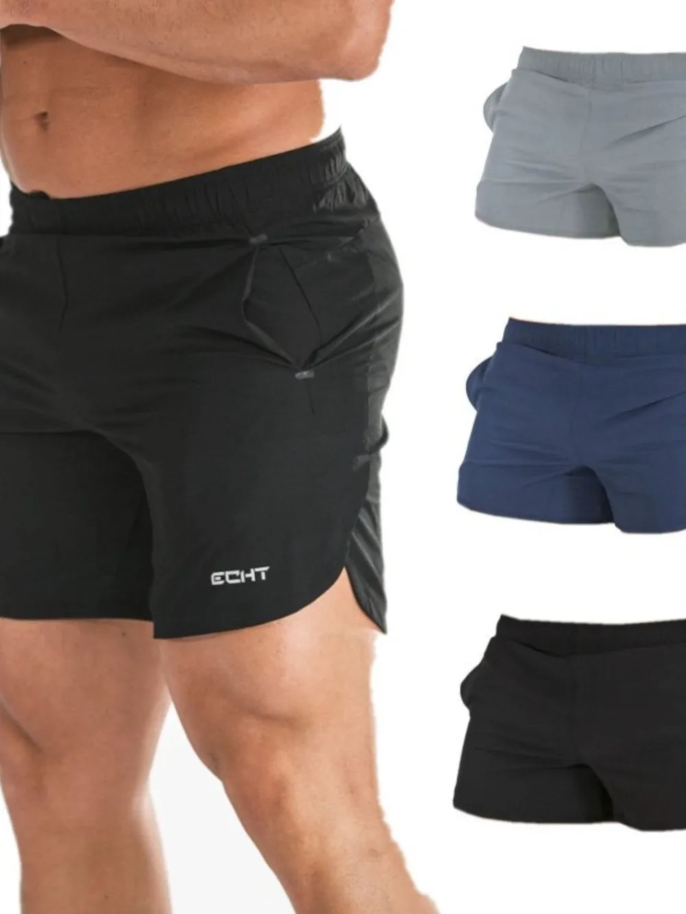 Black athletic shorts with quick-dry fabric and side pockets, shown with gray and navy options.