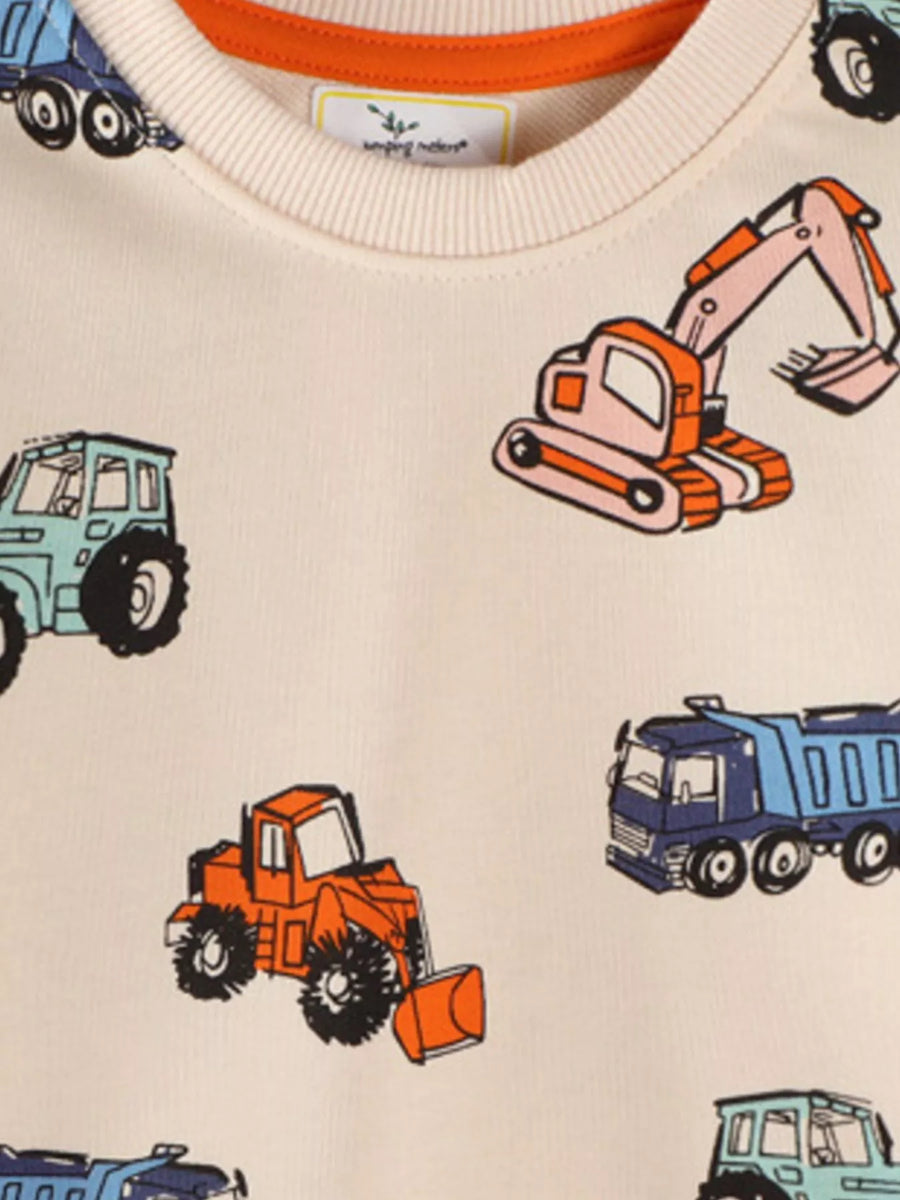Tan crew-neck sweatshirt with cartoon vehicle print, crew neck, long sleeves
