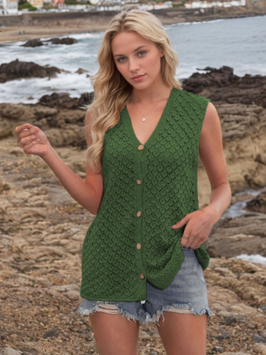 Dark green openwork button-down knit vest with V-neck and wooden buttons.