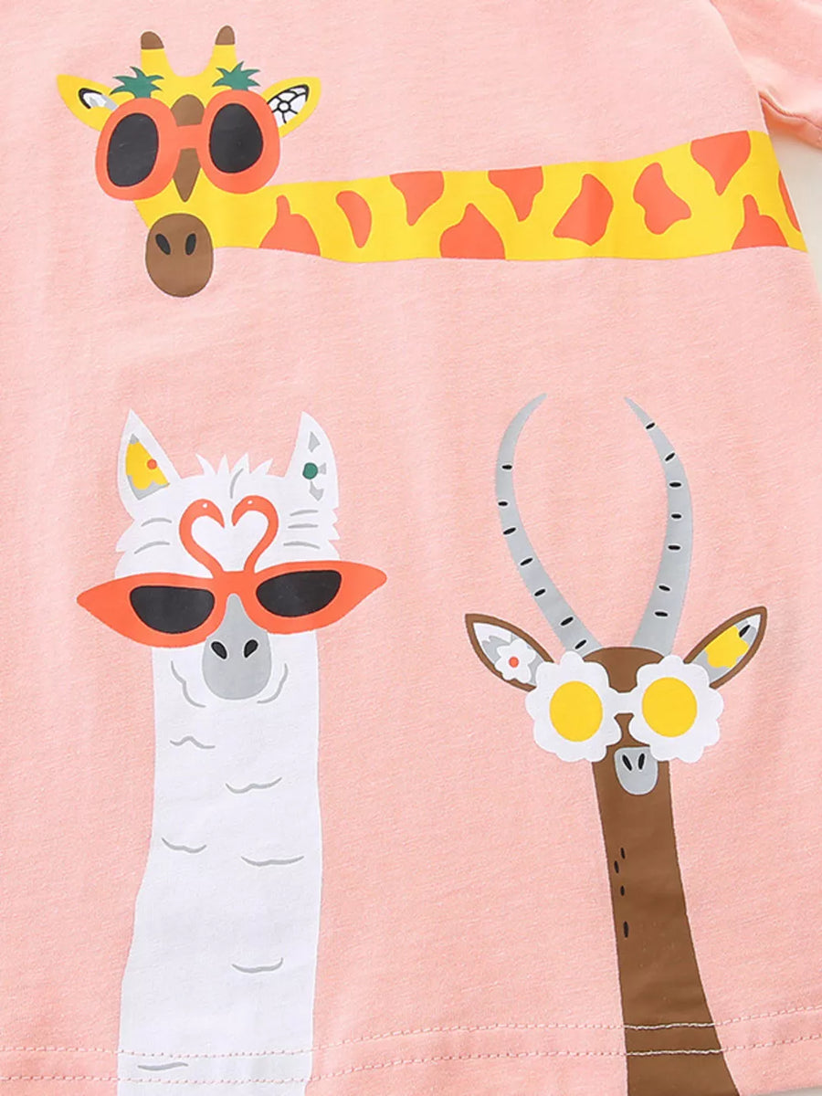Toddler graphic tee in pink cotton with a crew neck featuring a giraffe, llama, and gazelle wearing sunglasses.