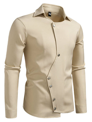 Men's khaki long sleeve shirt with asymmetrical button detail and classic collar.
