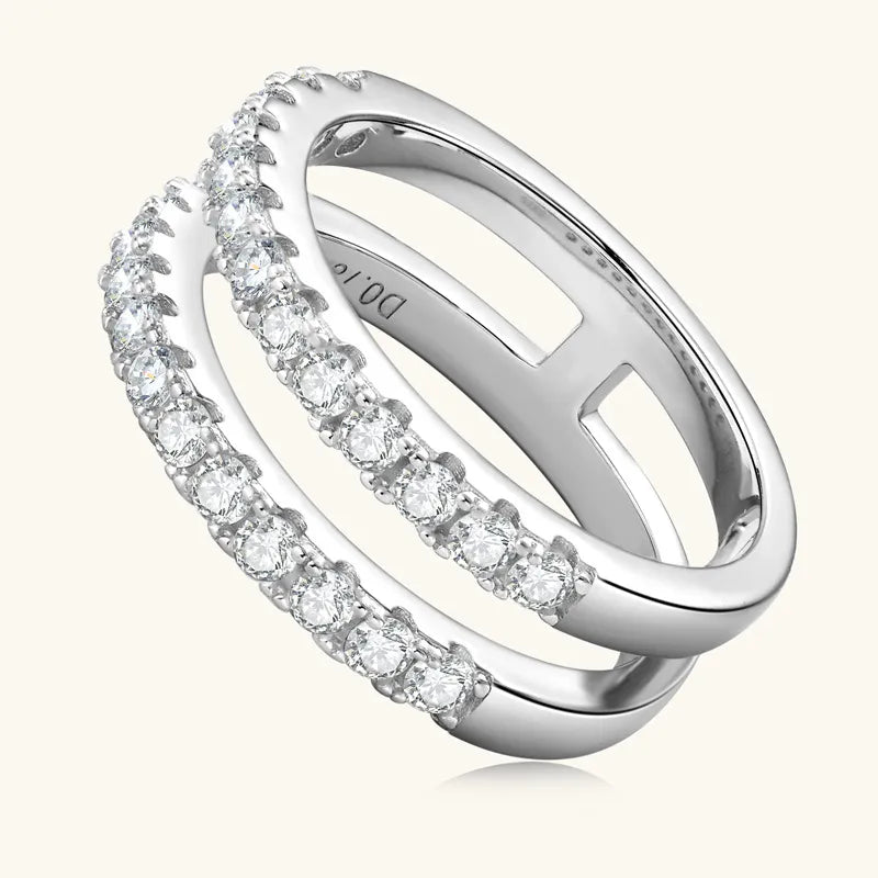 Silver double band ring with pavé set stones