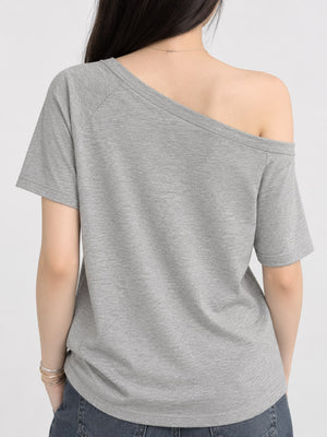 Gray relaxed t-shirt with off-shoulder