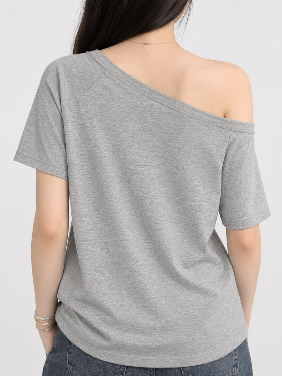 Gray relaxed t-shirt with off-shoulder